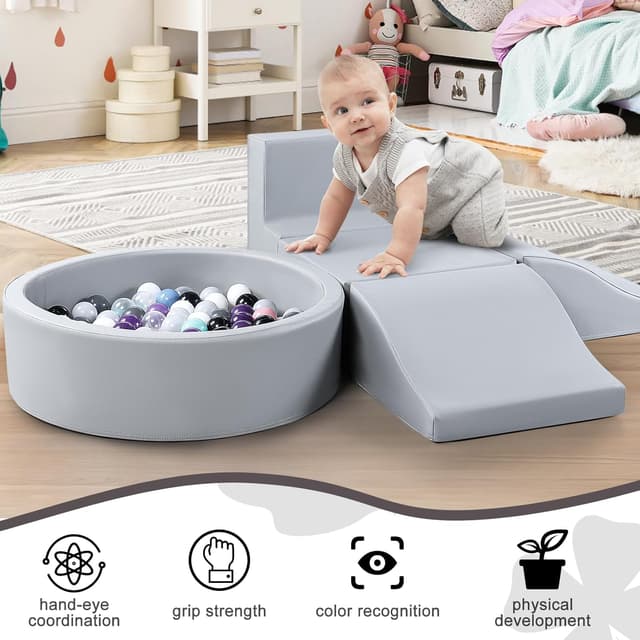 Detalle de JungleDove 5-Piece PU Leather Indoor Soft Play Set with Ball Pool (Grey)