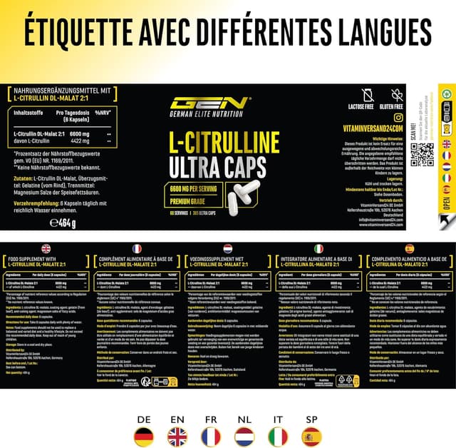 Detalle 2 de L-Citrulline Ultra Caps (DL-Malate 2:1) – 365 gélules, dose 1 100 mg par capsule