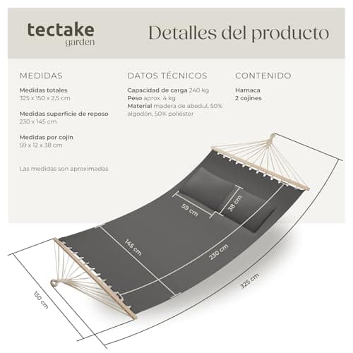 Detalle 2 de tectake® Hamaca Doble Jardin 🌿 Estructura Firme con Cojines