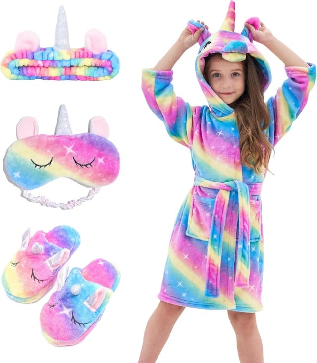 Thumbnail 6 de Piefry peignoir fille à capuche licorne en flanelle (avec pantoufles) – 4 pièces