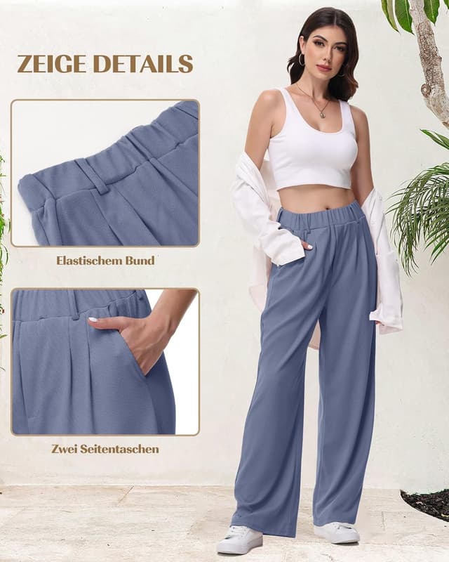 Detalle de HMIYA Weite Bügelfreie Palazzo Hose mit hoher Taille und Taschen – leichte Sommer-Freizeithose