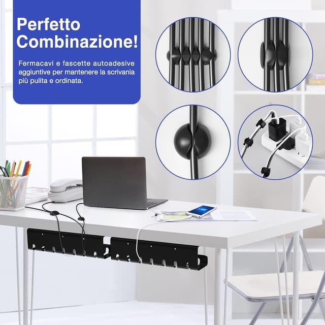 Detalle de HOMMAND Raccogli Cavi Scrivania, 2 pezzi sotto scrivania con canalina e accessori per organizzare i cavi