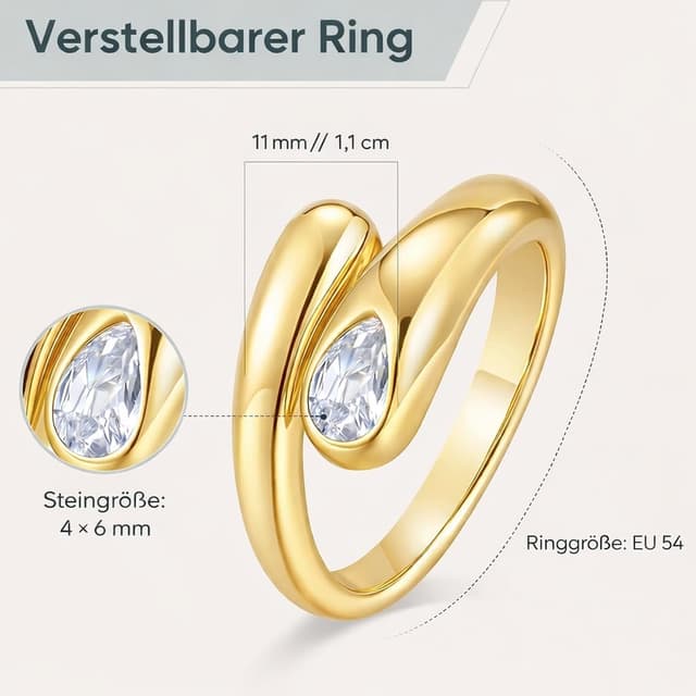Detalle de VNOX verstellbarer Damen-Ring offen mit Geburtsstein und Zirkonia (14K Verlobungsring, teardrop-förmig)