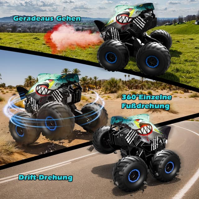 Detalle de Ferngesteuertes Auto 1/16 Monstertruck mit Stomp, Spray, Licht & Musik – Hai-Monstertruck (15 km/h, 360°-Drehung, 4WD)