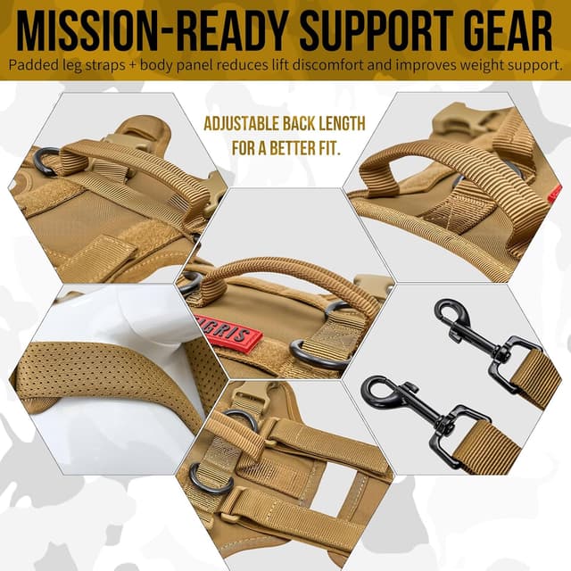 Detalle 2 de OneTigris harnais de levage pour chien âgé, tactique de transport (kaki, taille M) avec bretelles amovibles et poignées