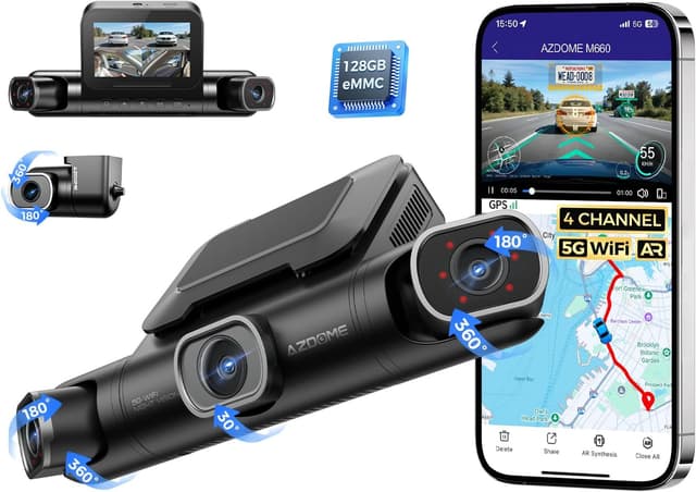 Detalle de AZDOME M660 360° 4-Channel Dash Cam (Front/Rear + Left/Right) with Built-in 128GB eMMC, 2K+1080P, IR Night Vision, 5G WiFi