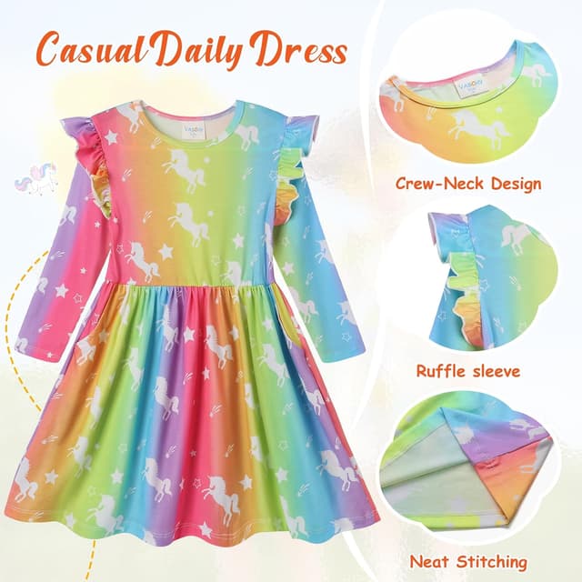 Detalle de Robe VASCHY pour fille en coton imprimé licorne, manches longues et longueur au genou (3-10 ans)