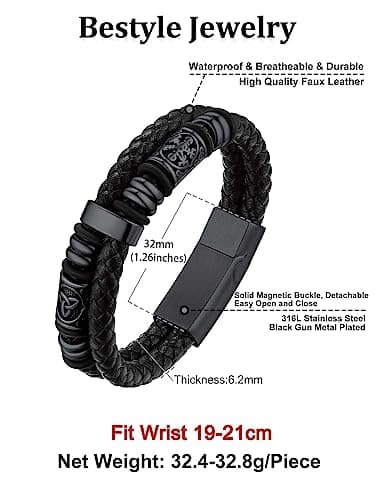 Detalle de Bestyle pulsera de hombre de cuero y acero inoxidable con brújula vikinga (cierre magnético) negra, 21 cm