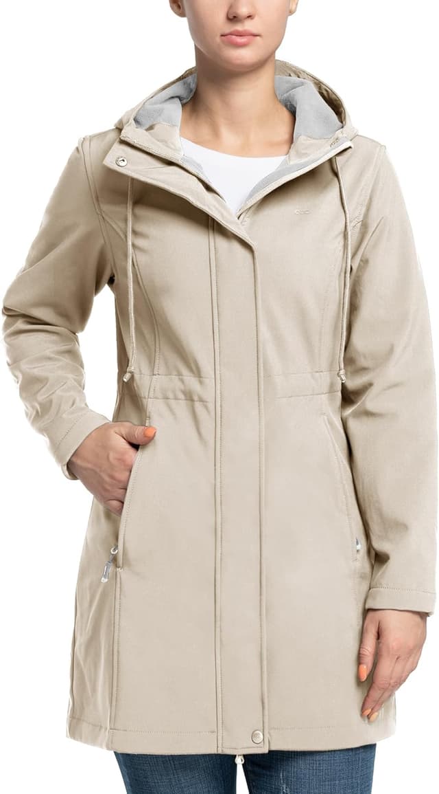 Detalle 2 de 33,000ft Damen Softshell-Regenjacke lang mit Kapuze – leichter wasser- und windabweisender Funktionsmantel
