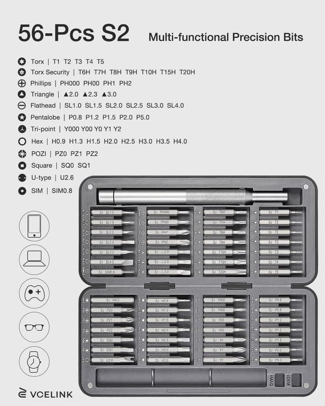 Detalle de VCELINLK Precision Screwdriver Set (57 in 1) with 56 S2 Bits and Magnetic Storage Box