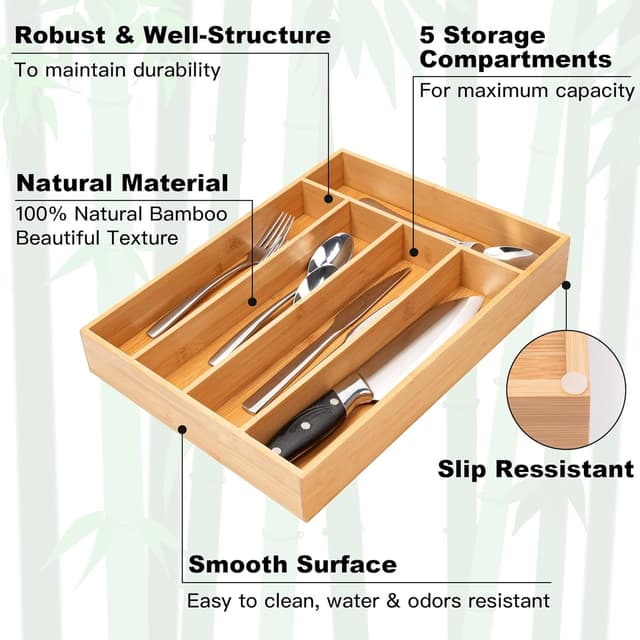 Detalle de Besilord Silverware Organizer 5-slot bamboo tray 🍽