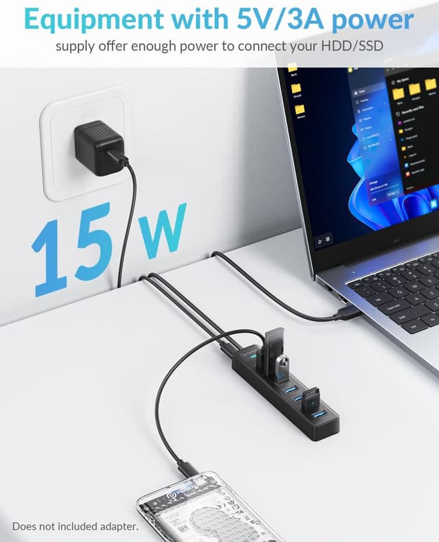 Detalle de PHIXERO 7-Port USB 3.0 Hub mit 100 cm Kabel (5 Gbit/s, 7 Anschlüsse)
