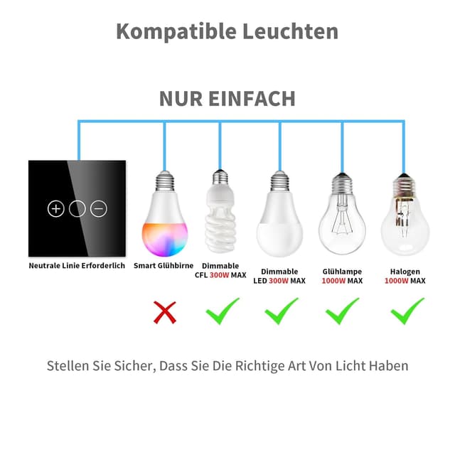 Detalle de LIAONFOY Normaler Touch Dimmschalter Unterputz (Glas-Touch, LED-Dimmer) 110–240V, 86 mm, schwarz