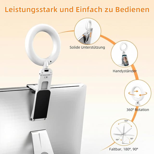 Detalle 1 de Evershop 5'' LED-Ringlicht mit Stativ & Handyhalter – 3 Lichtfarben, 10 Helligkeitsstufen, 360° drehbar
