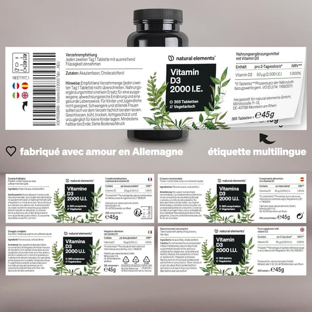 Detalle de Vitamine D3 2000 U.I. – 365 comprimés – pour les os et le système immunitaire