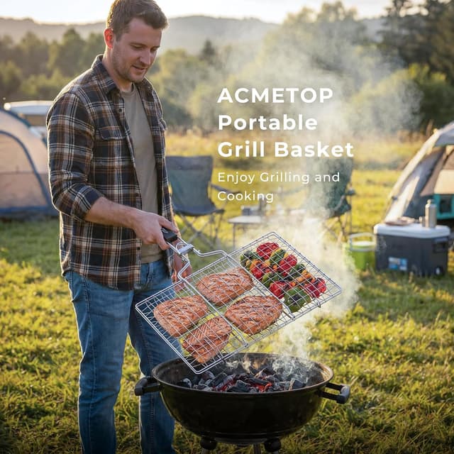 Detalle 2 de ACMETOP Portable BBQ Grill Basket (Stainless Steel) for fish, veg & shrimp