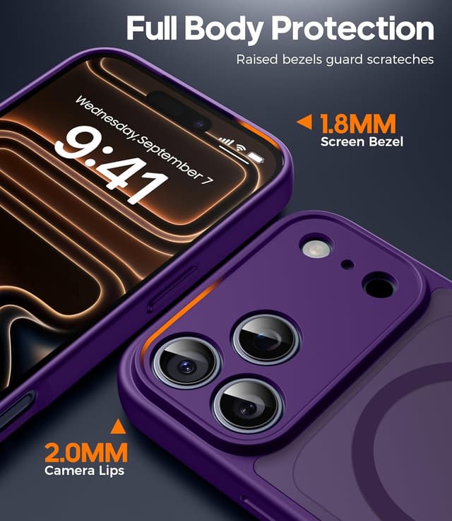 Detalle de FLLAO 3 in 1 Magnetic Case for iPhone 17 Pro Max (Purple) with 2X HD Screen Protector & MagSafe support