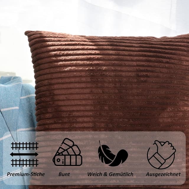 Detalle de CALIYO Housse de coussin velours côtelé marron 30x50 cm, rayures et fermeture invisible