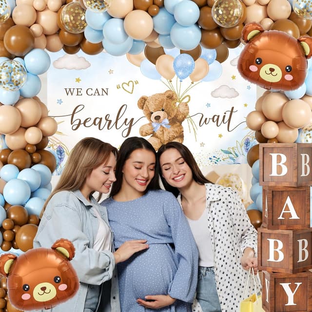 Detalle 2 de Blue Bear Baby Shower Decorations for Boy (124pcs) — “We Can Bearly Wait” Backdrop, Balloon Set & Wood Grain Baby Boxes