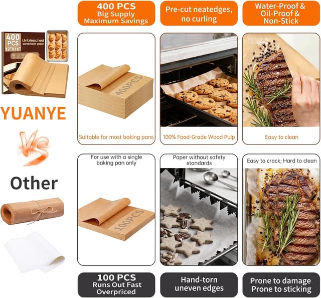 Detalle 2 de YUANYE 400-Pack Unbleached Parchment Paper Baking Sheets (12"x16")