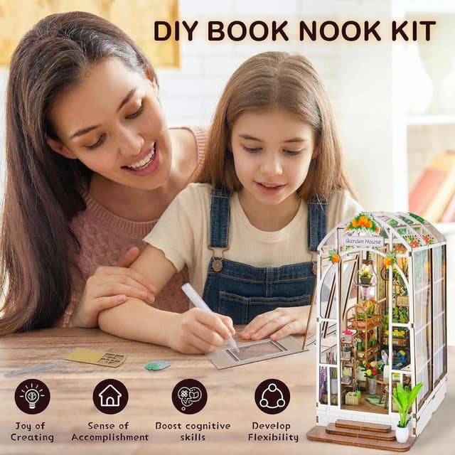 Detalle de Fimeetoy Book Nook Kit for Adults – LED Light Miniature House DIY (3D Garden View)