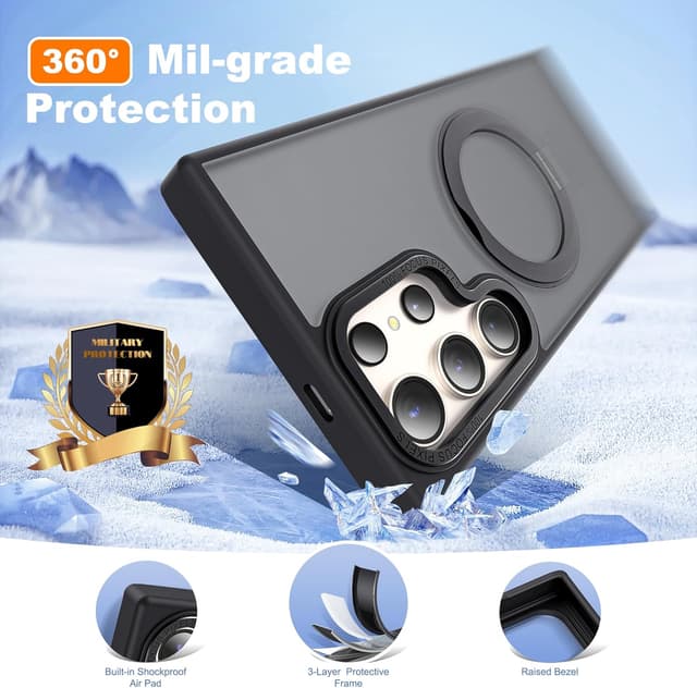 Detalle de Zalinbo 360° Rotatable Magnetic Ring Stand Case for Galaxy S22 Ultra & S23 Ultra (Mag-Safe, Shockproof, Translucent) — Black