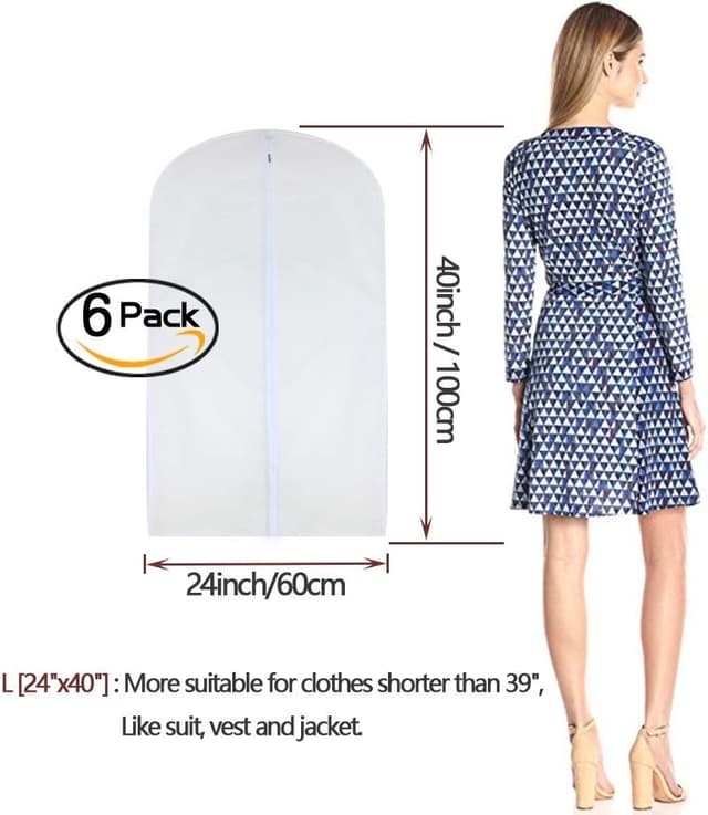 Detalle 2 de Garment Bags for Hanging Clothes 24x40 White Breathable Suit Covers