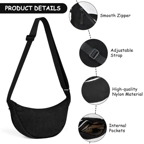 Detalle 2 de Aucuu Bolso bandolera para mujer media luna impermeable en pana (negro) con correa ajustable