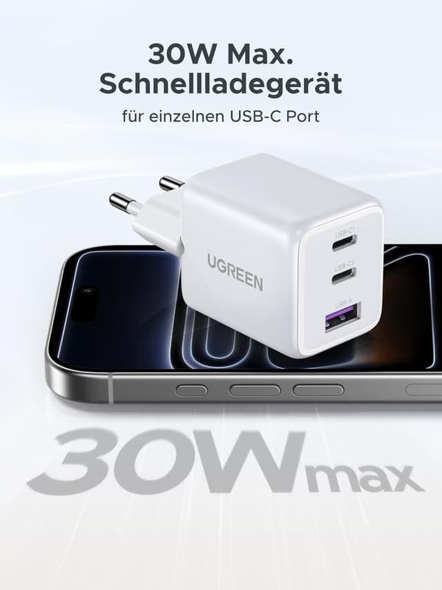 Detalle 2 de UGREEN USB C Ladegerät 30W 3‑Port GaN II