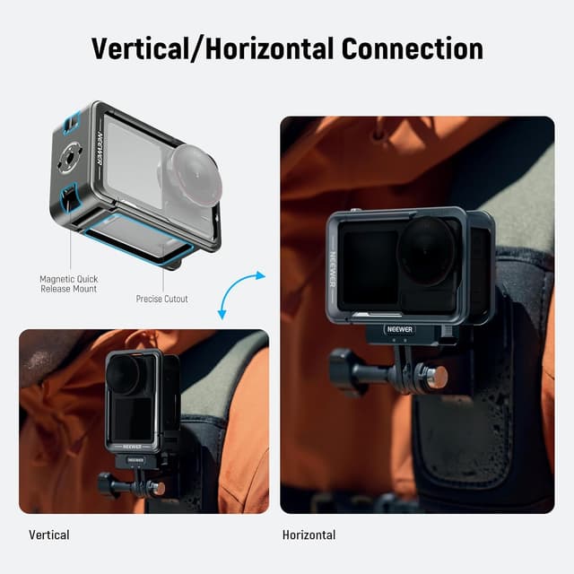 Detalle de NEEWER Käfig für DJI Osmo Action 5 Pro (AC014) – Schutzrig aus Aluminium mit Cold Shoe und 1/4-Zoll Gewinde