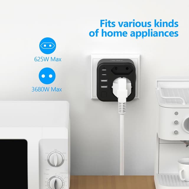 Detalle 1 de JSVER Steckdosenleiste mit USB (2× Schuko/Europa, 2× USB-A & 2× USB-C, 3680 W/16 A) mit Schalter – schwarz