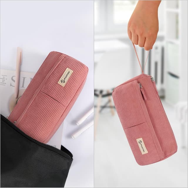 Detalle de FINPAC Trousse scolaire en velours côtelé avec poche zippée et dragonne (rose)
