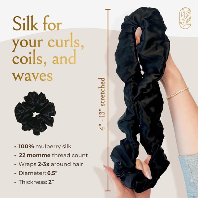 Detalle de Curlfriend Collective Silk Scrunchies for Women (XL Mulberry Silk Ponytail Holders) – Black