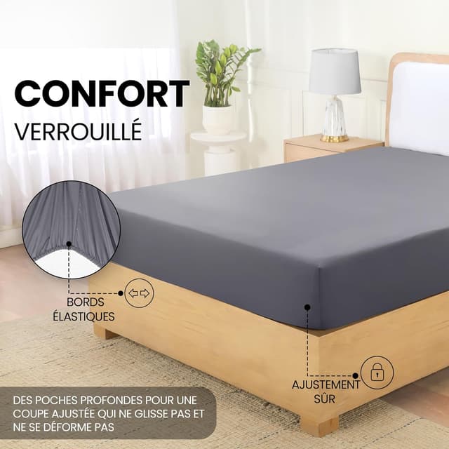 Detalle de Utopia Bedding Drap-housse gris 180 x 200 cm – Oeko-Tex, bonnets 35 cm, microfibre brossée