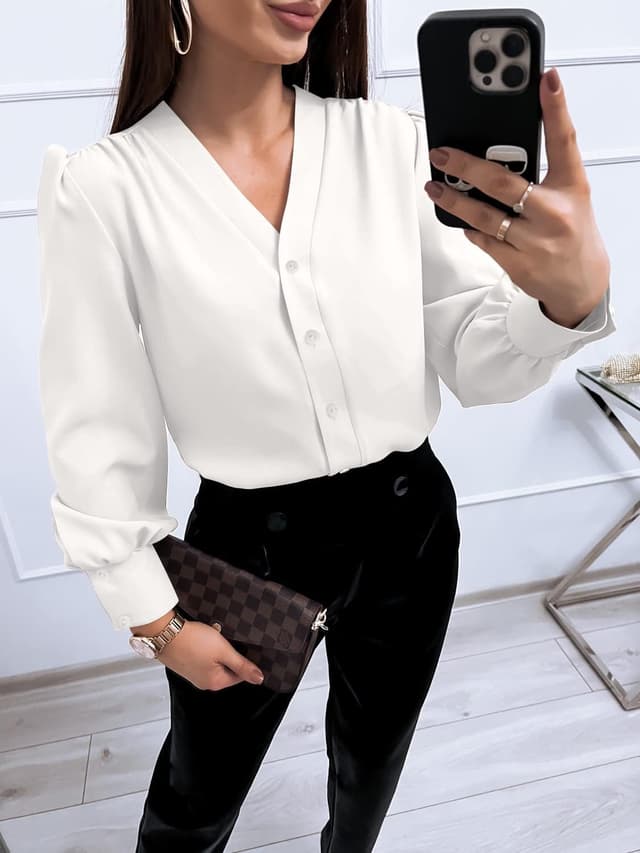Detalle de Long Sleeve V Neck Chiffon Blouse Top