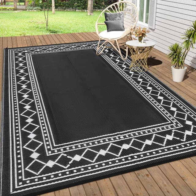 Detalle de CAROMIO Outdoor Rug 240 x 300 cm Reversible Waterproof Geometric Patio Mat (Black)
