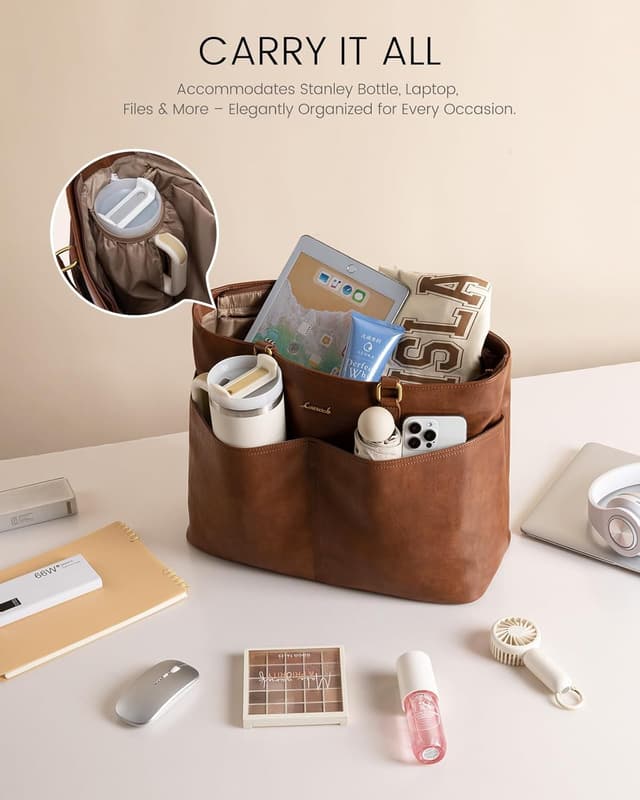 Detalle de LOVEVOOK 15.6-Inch Laptop Bag for Women — Vintage Vegan Leather Work Tote with Cup Holder