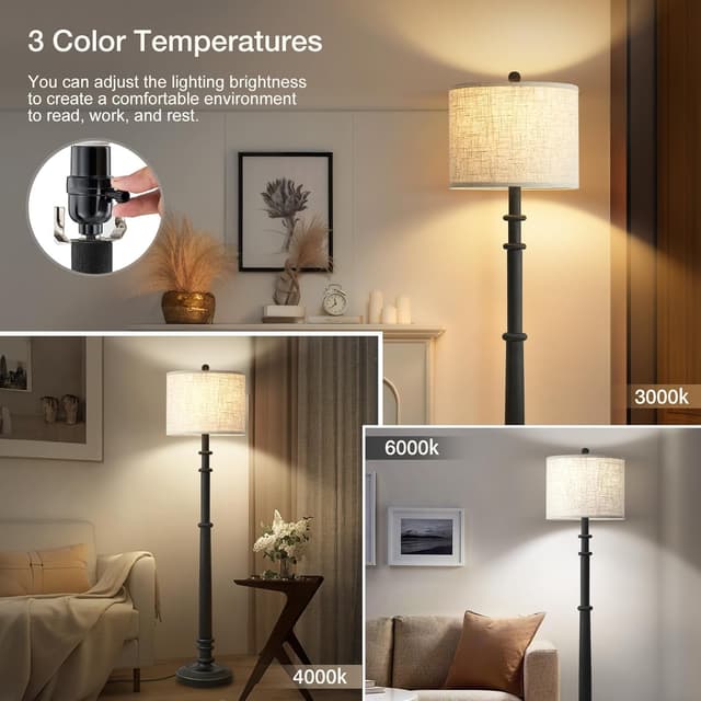Detalle de EJIAXIN 60" Resin Farmhouse Floor Lamp with Adjustable Color Temperatures (Black, Linen Shade)
