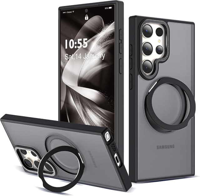 Detalle de Zalinbo 360° Rotatable Magnetic Ring Stand Case for Galaxy S22 Ultra & S23 Ultra (Mag-Safe, Shockproof, Translucent) — Black