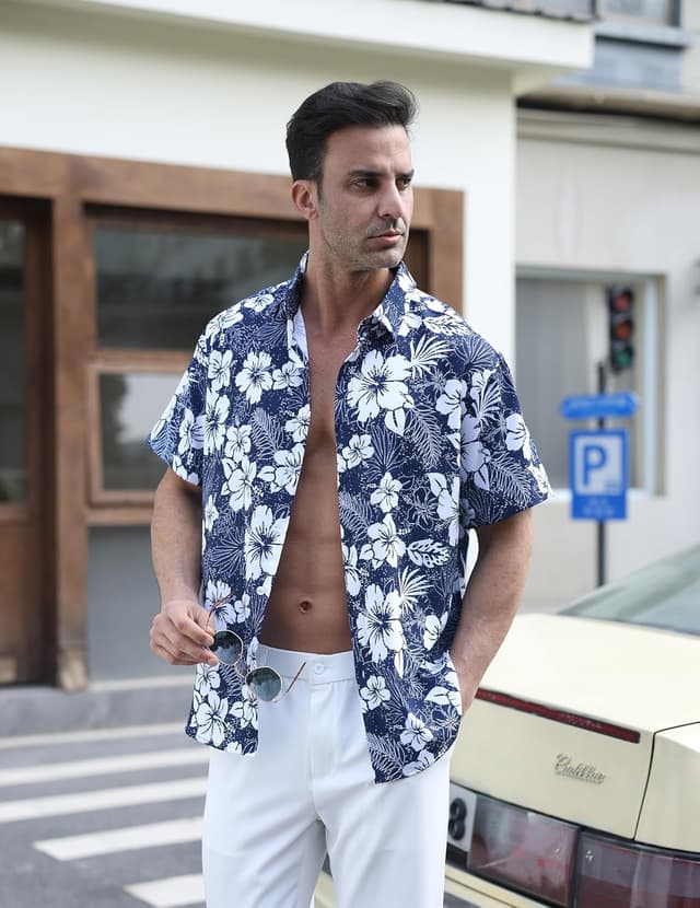 Detalle 2 de Chemise hawaïenne Gavliuu pour homme à manches courtes imprimé tropical