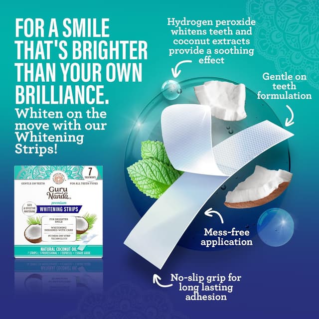 Detalle de GuruNanda Total Smile Makeover Kit Regular with Cocomint Oil Pulling, Dual Barrel Whitening Mouthwash, Whitening Strips & Toothbrushes