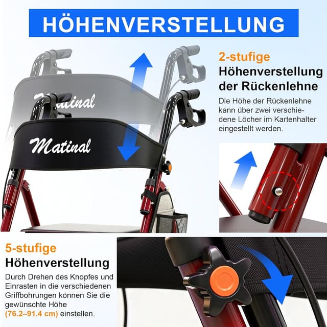 Detalle 2 de Matinal Leichte faltbarer Rollator mit Sitz (Tragkraft 160 kg) – Hybridrahmen aus Aluminium & Kohlenstoffstahl, rot