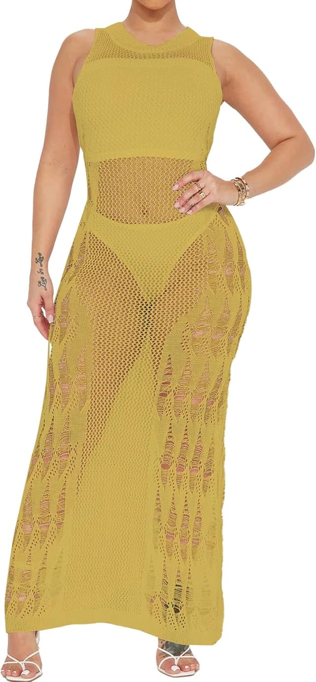 Detalle de Bsubseach crochet cover up dress for women with side split & hollow-out diamond pattern (sleeveless)