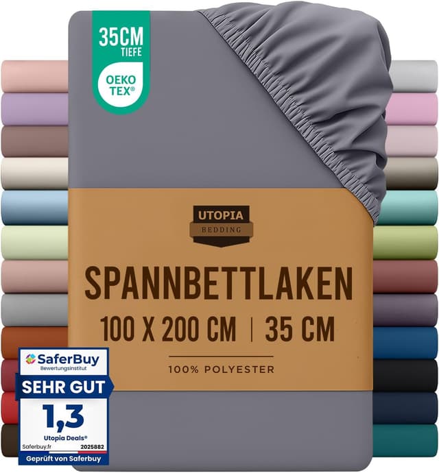 Detalle de Utopia Bedding Spannbettlaken 100 x 200 cm (Grau) – Oeko-Tex zertifizierte Microfaser mit 35 cm Tasche