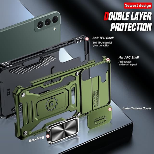 Detalle de LeYi Military-grade phone case for Samsung Galaxy S22 5G (6.1-inch) with slide camera cover and 360° ring stand, O-Green