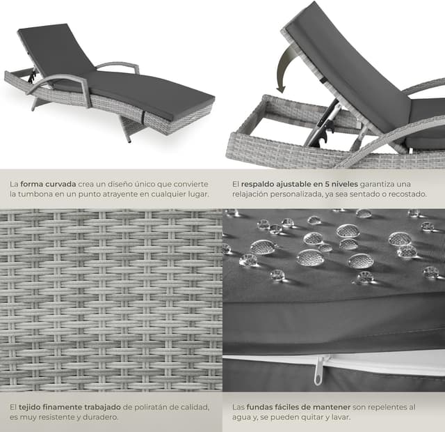 Thumbnail 6 de tectake® Tumbona de jardín con respaldo 5 posiciones