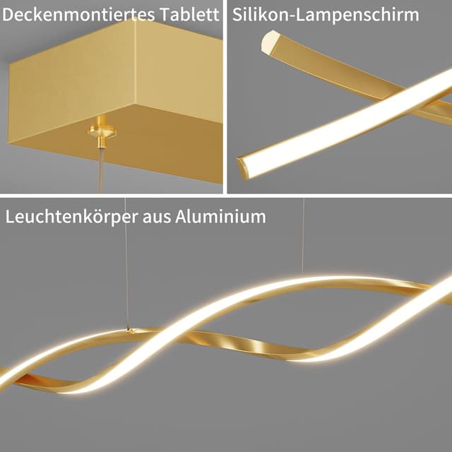 Detalle 2 de Mikeru 100 cm dimmbare Pendelleuchte mit Fernbedienung und Memory-Funktion (3000/4500/6000 K, gold)