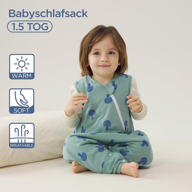 Detalle 2 de Duomiaomiao Schlafsack mit Füßen 1,5 TOG aus 100% Baumwolle für Jungen (2–3 Jahre)
