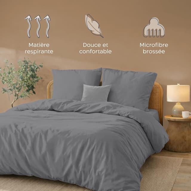 Detalle 2 de Parure de couette Twinzen 240x220 cm anthracite en microfibre avec 2 taies 65x65 cm (Oeko-Tex)
