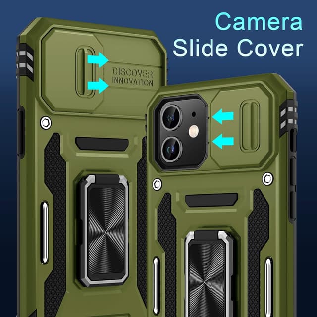 Detalle 2 de DEERLAMN iPhone 11 Case with Sliding Camera Cover, Magnetic Ring Kickstand & Screen Protectors (Olive Green, 2-pack)